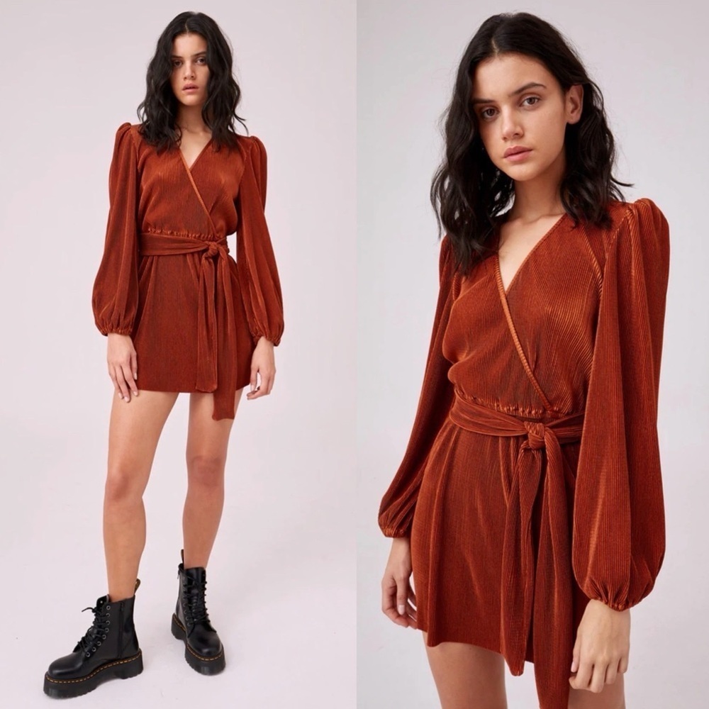 The Fifth Label Copper Surplice Neckline Mini Dress Ribbed Tie Waist Cocktail